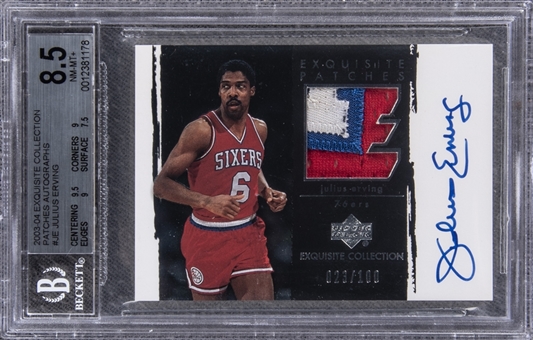2003-04 UD "Exquisite Collection" Patches Autographs #JE Julius Erving Signed Game Used Patch Card (#023/100) – BGS NM-MT+ 8.5/BGS 10 